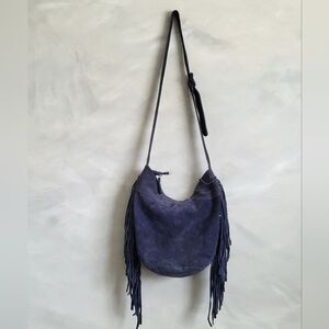 Ecote Blue Suede Side Fringe Cow Leather Bucket Sling Bag